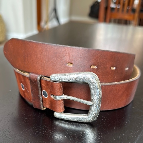Tony Lama vintage brown leather belt with silver western hardware SZ 38 - Picture 1 of 11